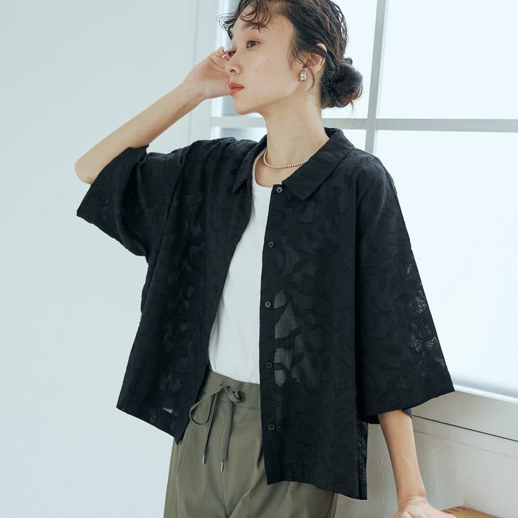 BLACK | カットジャガード ショート丈レギュラーカラー半袖シャツ | coen【women】