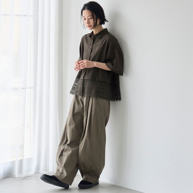 裾レースドッキング レギュラーカラー シアー半袖シャツ | coen【women】 | 詳細画像10 