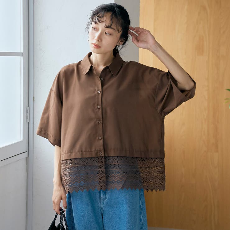 裾レースドッキング レギュラーカラー シアー半袖シャツ | coen【women】 | 詳細画像19 