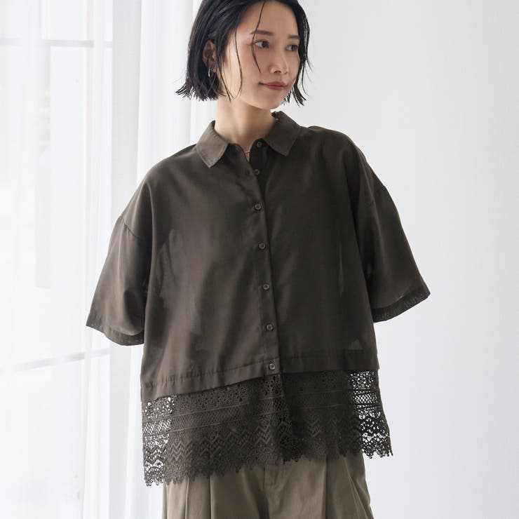 DK.GRAY | 裾レースドッキング レギュラーカラー シアー半袖シャツ | coen【women】