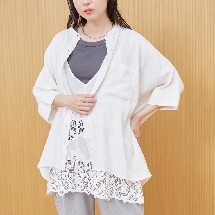 OFF WHITE | 【接触冷感】リネンレーヨンドルマンバンドカラーシャツ | coen【women】