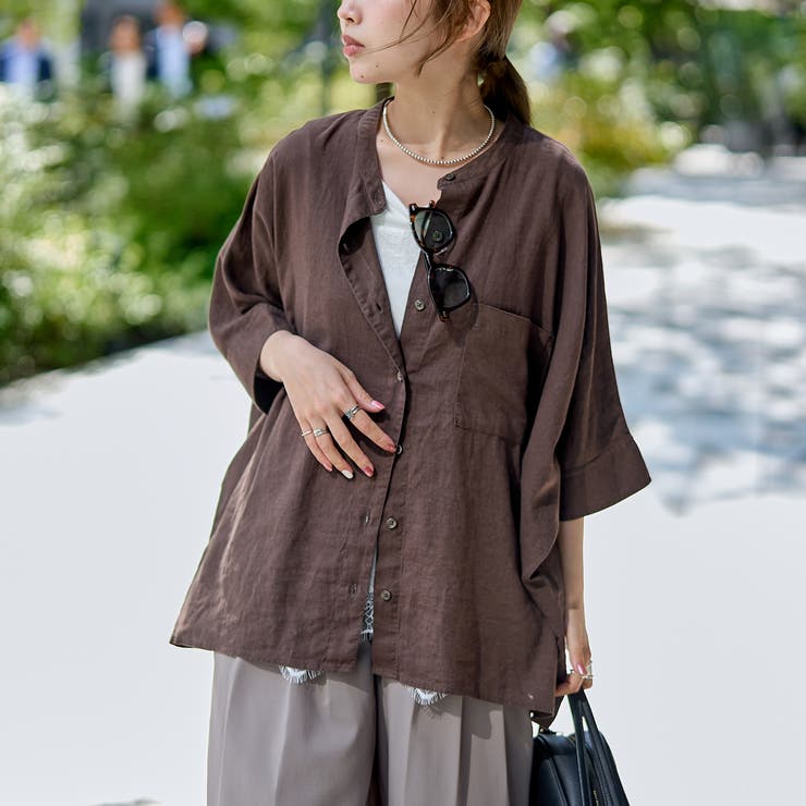 DK.BROWN | 【接触冷感】リネンレーヨンドルマンバンドカラーシャツ | coen【women】