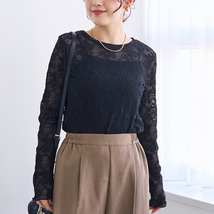 BLACK | カットレース クルーネック 長袖トップス | coen【women】