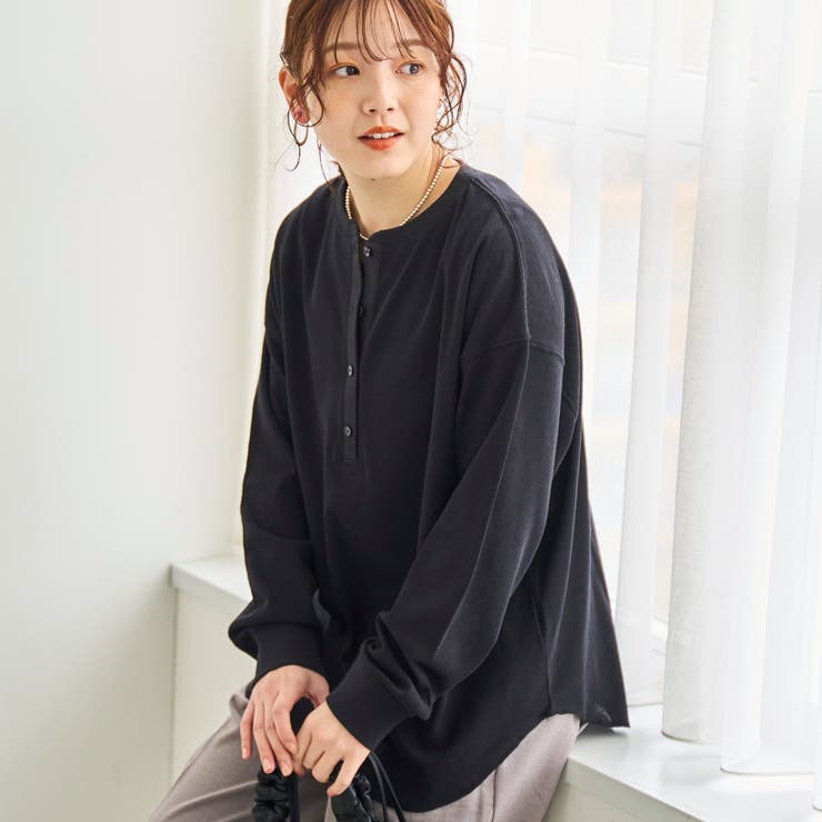 BLACK | シアーワッフル ヘンリーネックロンT | coen【women】