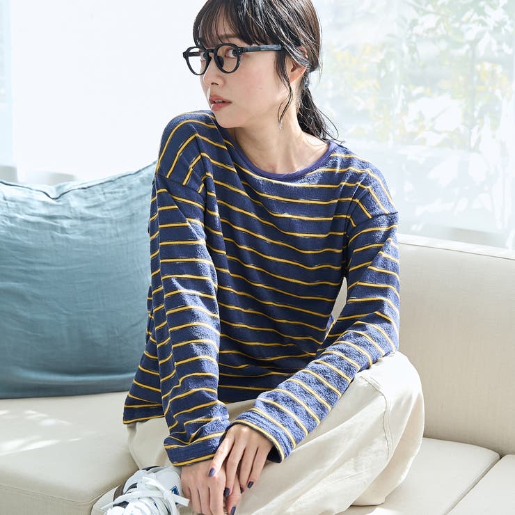 NAVY | ブークレ ボーダーボートネックトップス（ネイビー） | coen【women】