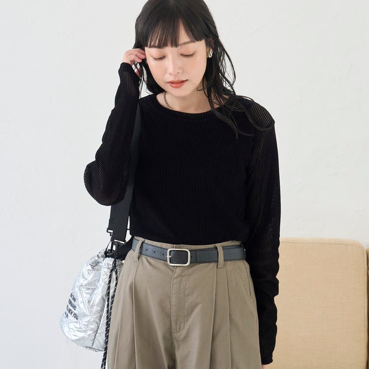 BLACK | シアーメッシュ フロッキーストライプロンT | coen【women】