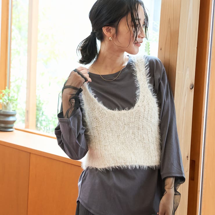 DK.GRAY | 【リニューアルして新登場◎】袖チュール切替ロングスリーブTシャツ | coen【women】