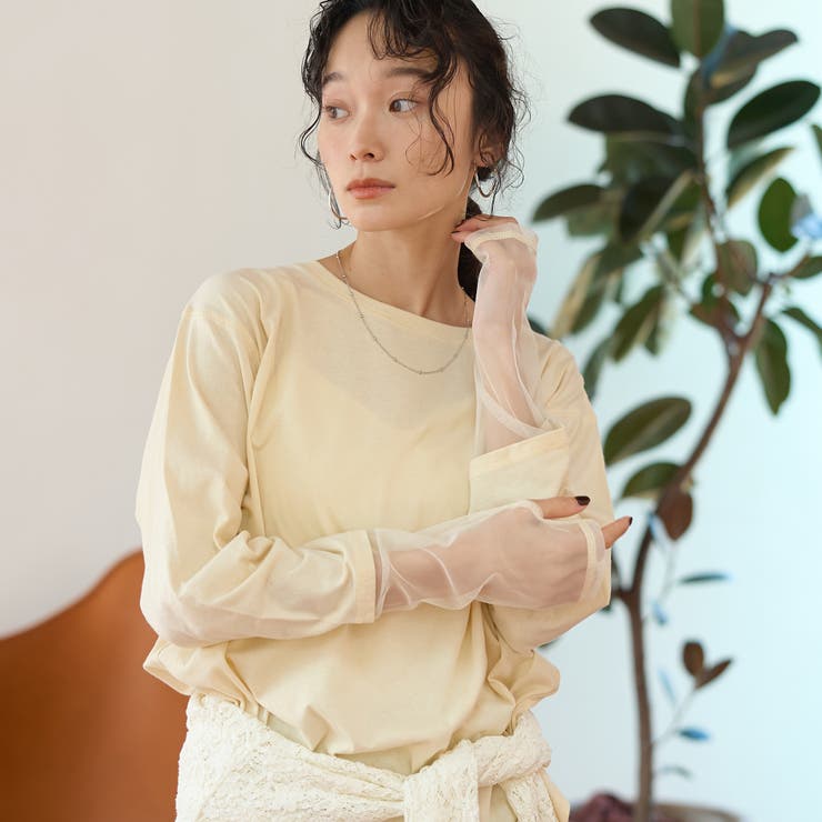 CREAM | 【リニューアルして新登場◎】袖チュール切替ロングスリーブTシャツ | coen【women】