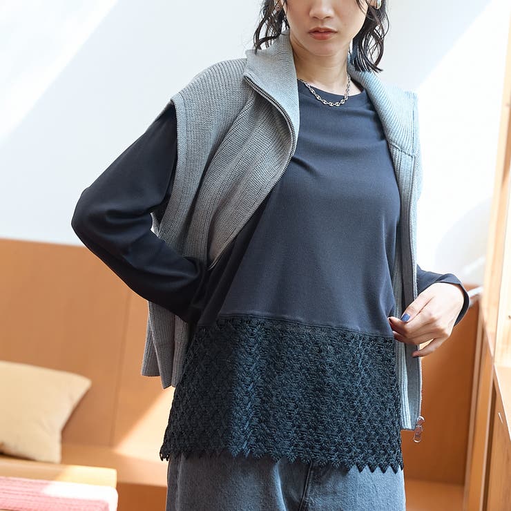 BLACK | 【新型登場】裾レース切替 レイヤード風ロンT | coen【women】
