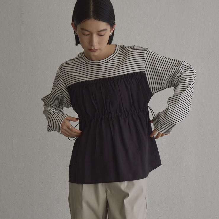 エンフォルド　ギャザーモチーフロングスリーブT シアードッキング ギャザーロングスリーブTシャツ[品番：COEW0008588