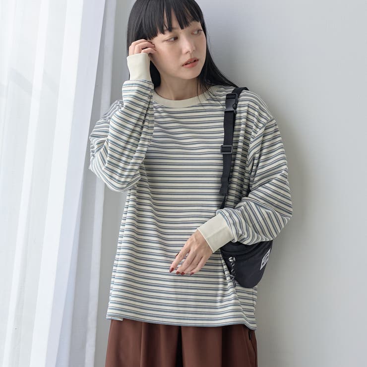 OFF WHITE | 両面微起毛 マルチボーダークルーネックトップス | coen【women】