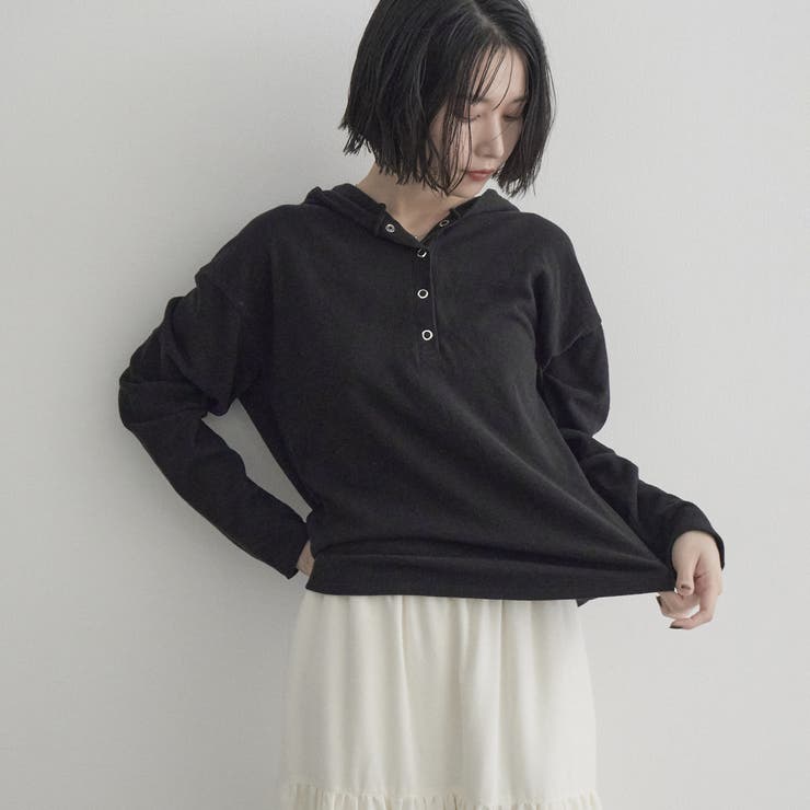 BLACK | カワリ天竺 フード付きヘンリーネック長袖トップス | coen【women】