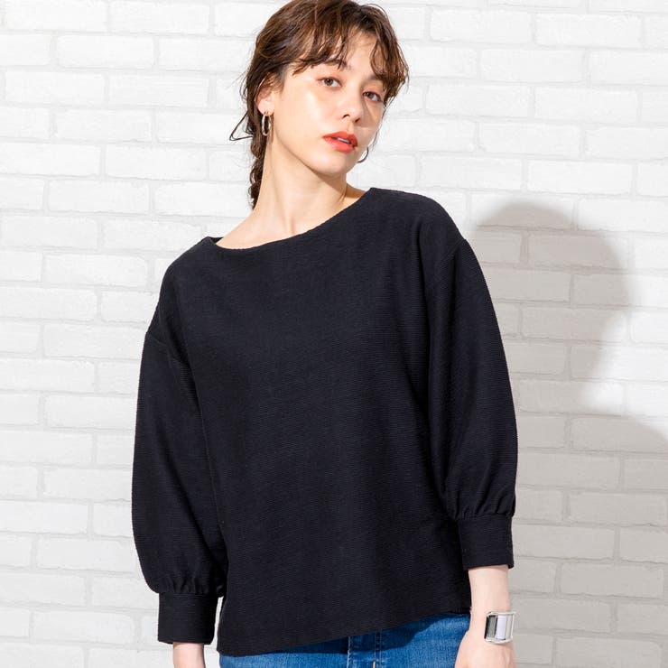 BLACK | ウェーブフライスボートネックプルオーバー | coen【women】