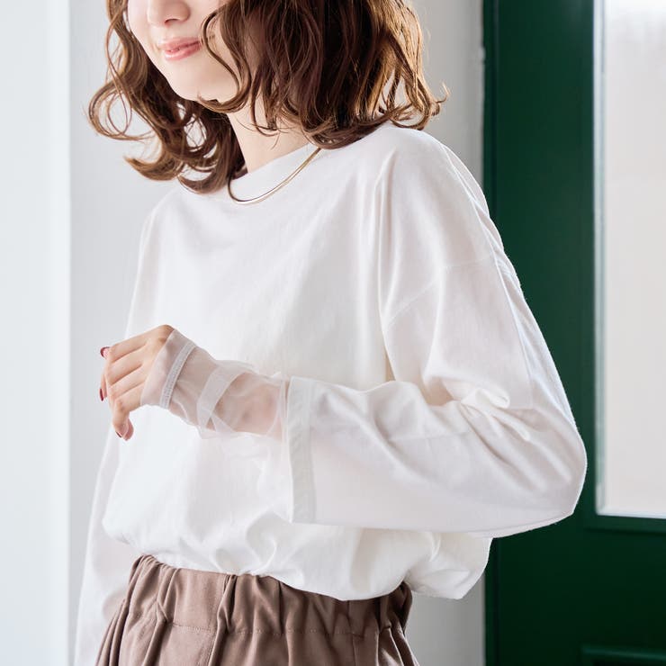 OFF WHITE | 【再入荷・新色登場】袖チュール切替ロングスリーブTシャツ | coen【women】