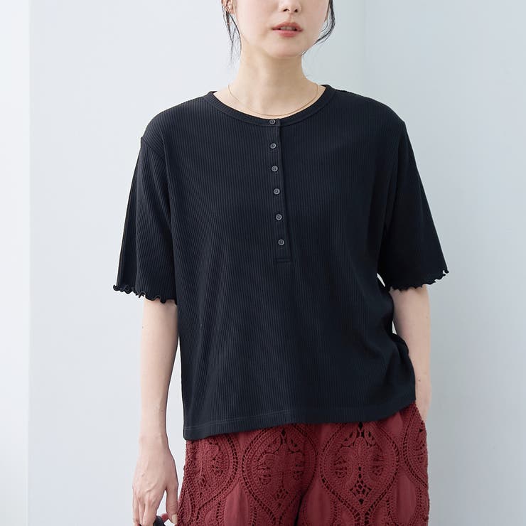 BLACK | メローヘンリーネック リブ半袖ゆるTシャツ | coen【women】