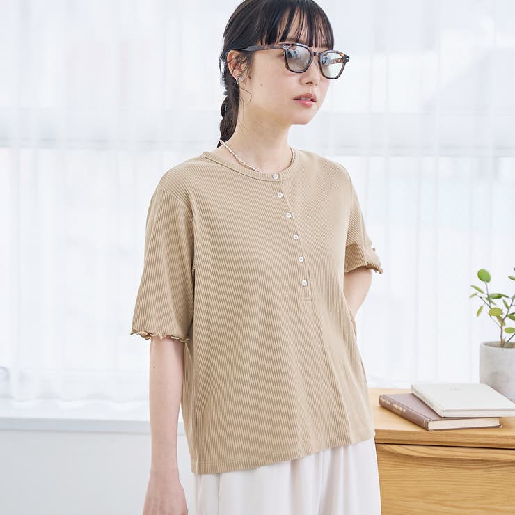 BEIGE | メローヘンリーネック リブ半袖ゆるTシャツ | coen【women】