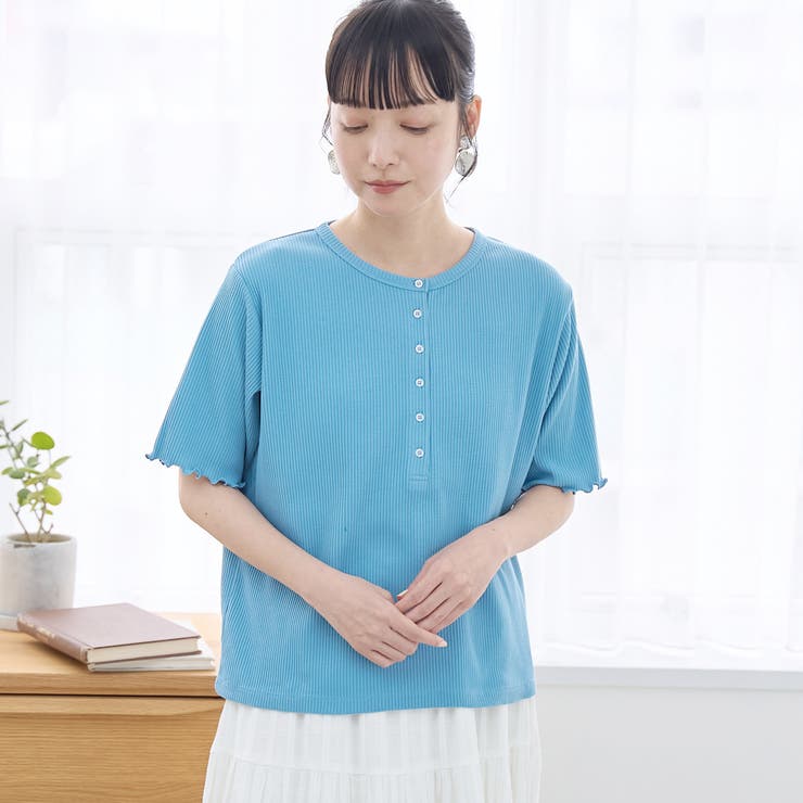 LT.BLUE | メローヘンリーネック リブ半袖ゆるTシャツ | coen【women】