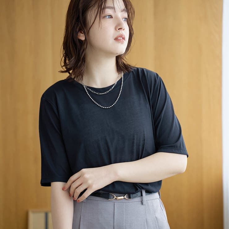 BLACK | コットンナイロンシアークルー半袖Tシャツ | coen【women】