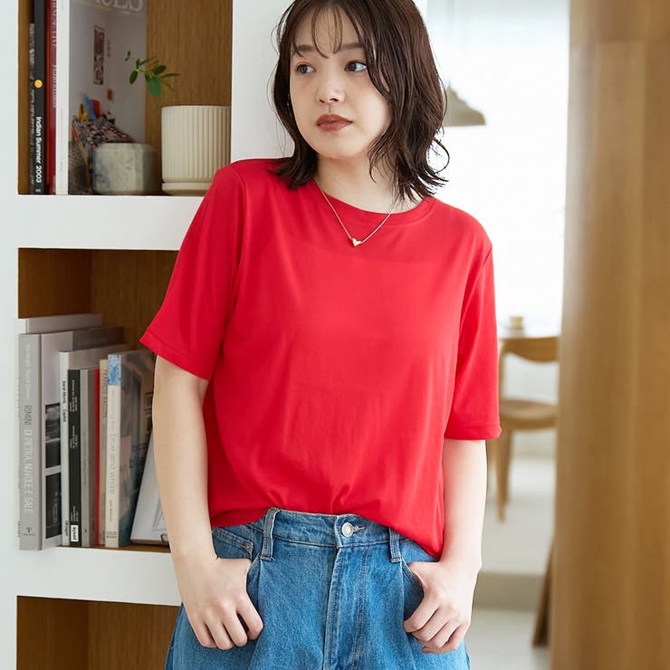 RED | コットンナイロンシアークルー半袖Tシャツ | coen【women】