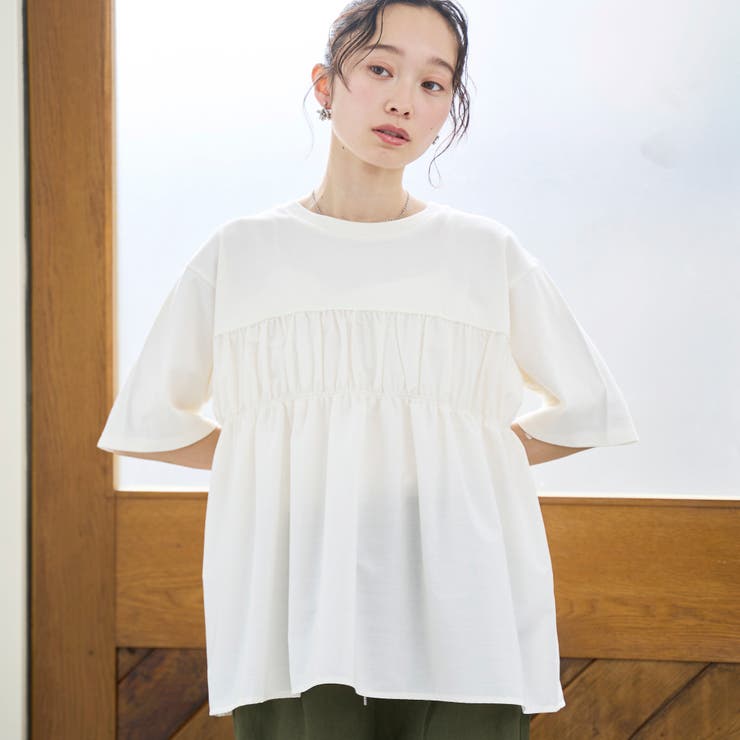 OFF WHITE | 布帛ドッキング 切替ギャザーTシャツ | coen【women】