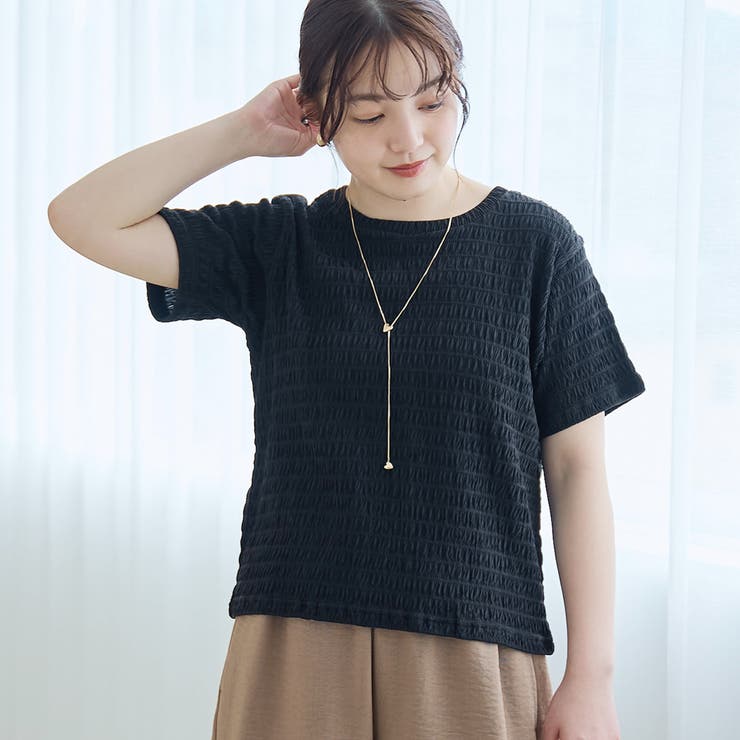 BLACK | シャーリング風コンパクト半袖Tシャツ | coen【women】