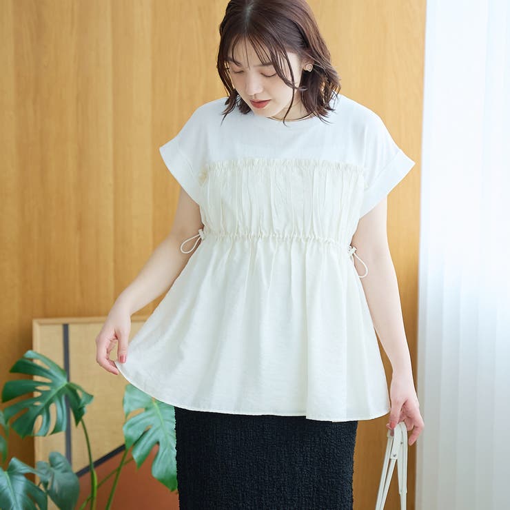 OFF WHITE | シアードッキング ギャザーフレンチスリーブTシャツ | coen【women】