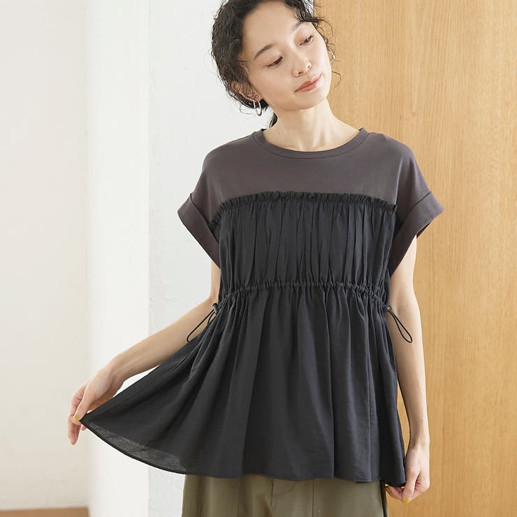 DK.GRAY | シアードッキング ギャザーフレンチスリーブTシャツ | coen【women】