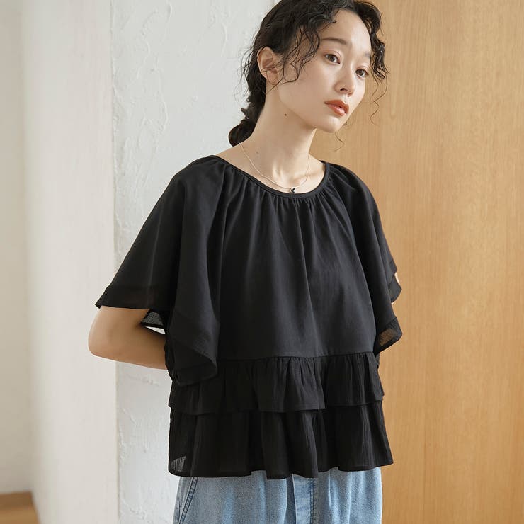 BLACK | 布帛ドッキング 2wayペプラムフリルカットソー | coen【women】