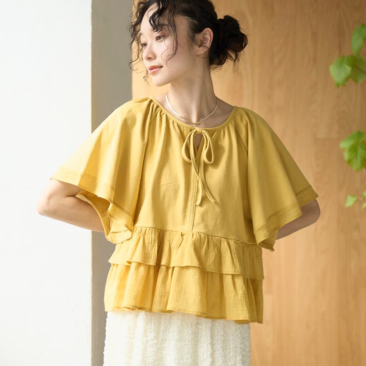 YELLOW | 布帛ドッキング 2wayペプラムフリルカットソー | coen【women】
