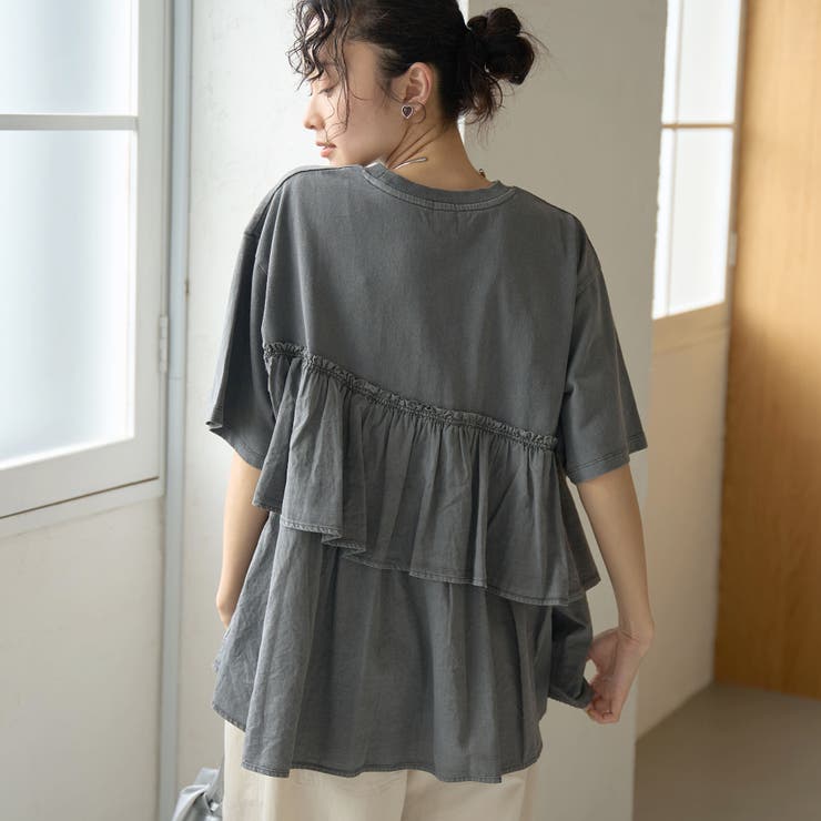 DK.GRAY | 布帛ドッキング ピグメントフリルTシャツ | coen【women】