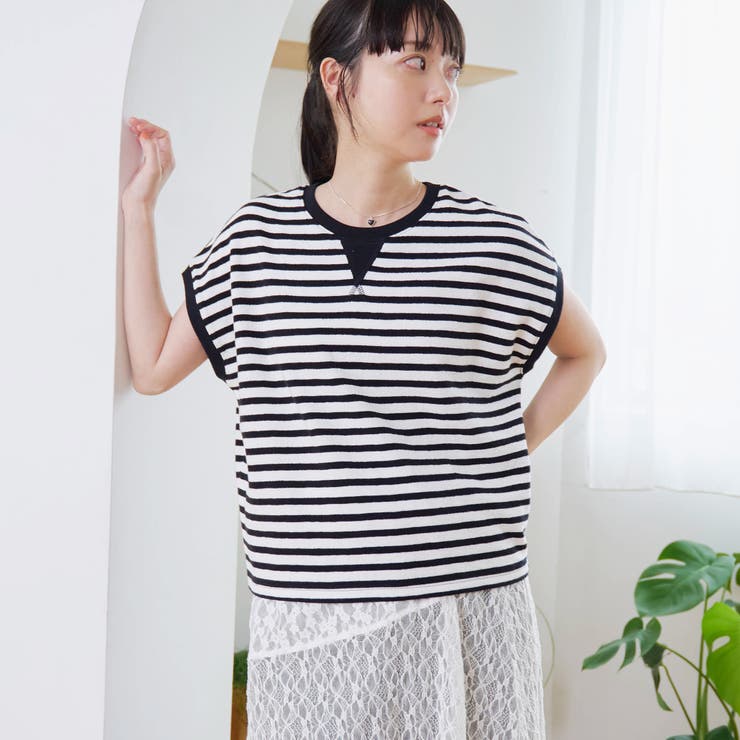 BLACK | スラブボーダー フレンチスリーブTシャツ | coen【women】