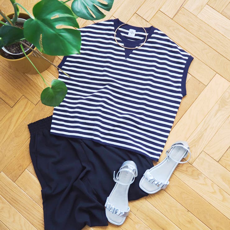 NAVY | スラブボーダー フレンチスリーブTシャツ | coen【women】