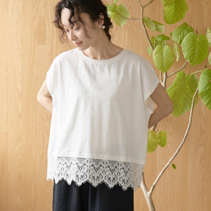 OFF WHITE | 裾レースドッキング フレンチスリーブアソートカットソー | coen【women】