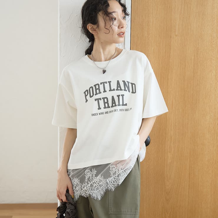 OFF WHITE | 【汗染み軽減 / 接触冷感】裾レースドッキング アソートロゴプリントTシャツ | coen【women】