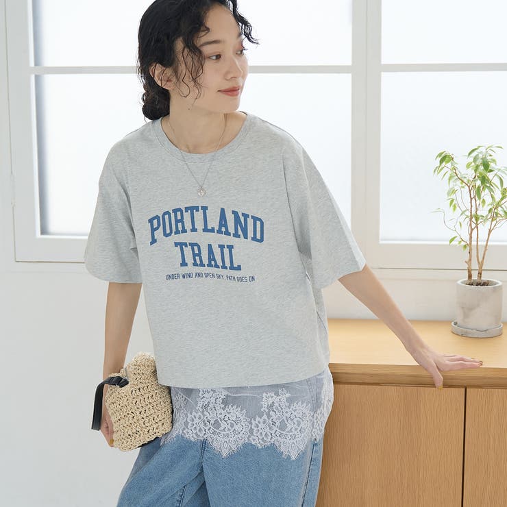 LT.GRAY | 【汗染み軽減 / 接触冷感】裾レースドッキング アソートロゴプリントTシャツ | coen【women】