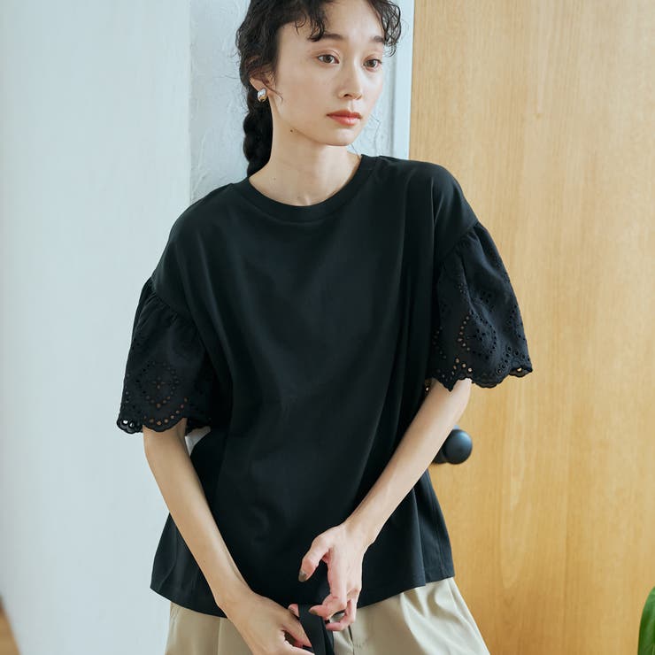 BLACK | カットワークレース 袖切替デザインTシャツ | coen【women】