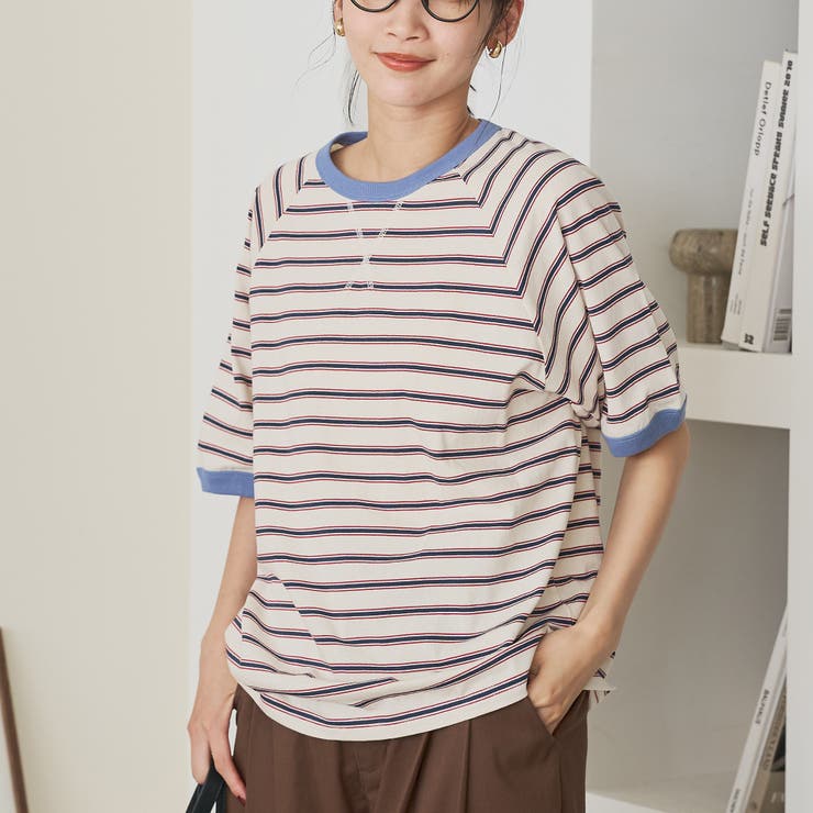 OFF WHITE | 【接触冷感】マルチボーダー ラグランリンガーTシャツ | coen【women】