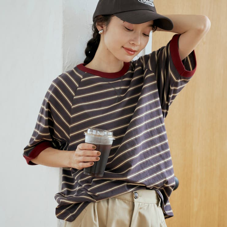 NAVY | 【接触冷感】マルチボーダー ラグランリンガーTシャツ | coen【women】