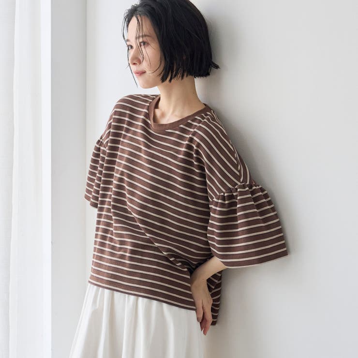 マルチボーダー 袖ギャザーフリルワッフル Tシャツ | coen【women】 | 詳細画像1 