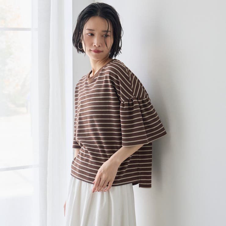 マルチボーダー 袖ギャザーフリルワッフル Tシャツ | coen【women】 | 詳細画像10 