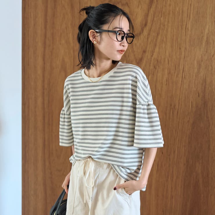 マルチボーダー 袖ギャザーフリルワッフル Tシャツ | coen【women】 | 詳細画像5 