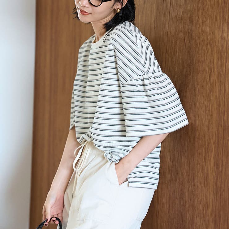 OFF WHITE | マルチボーダー 袖ギャザーフリルワッフル Tシャツ | coen【women】
