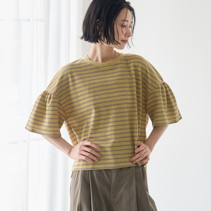 YELLOW | マルチボーダー 袖ギャザーフリルワッフル Tシャツ | coen【women】