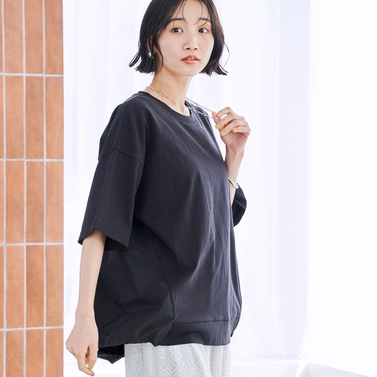 BLACK | 【C.mt】布帛ドッキングドロストT | coen【women】