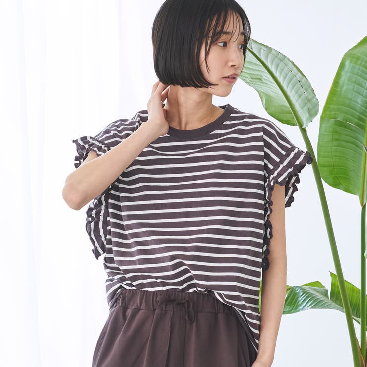 45R ボーダーフリルカットソー コン×オフ　裾フリルガーゼ ボーダーフリルカットソー[品番：COEW0007220]｜coen【women