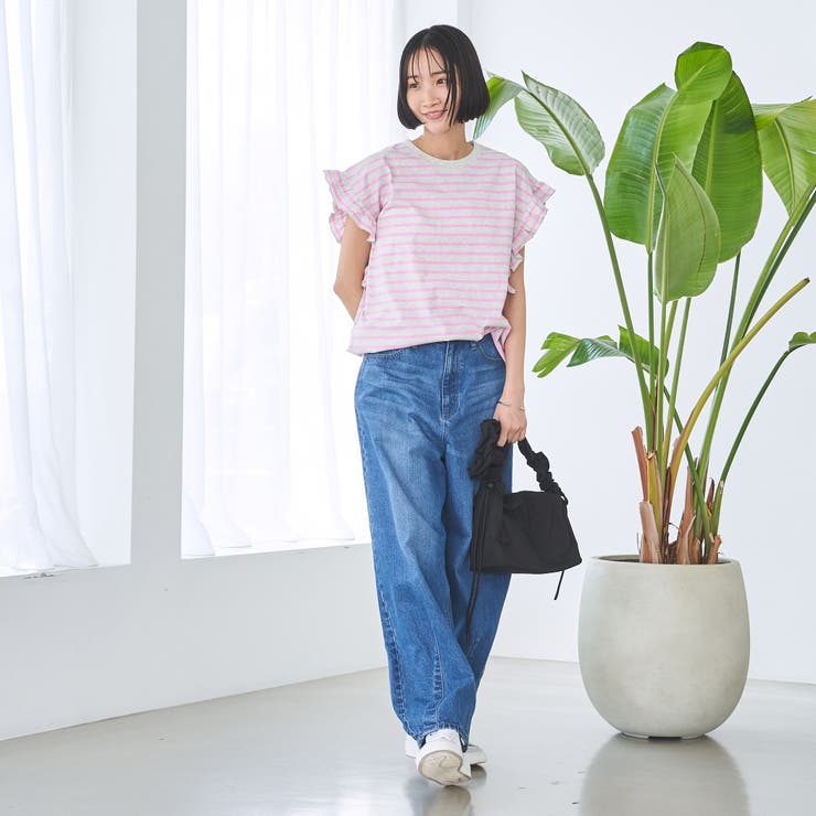 45R ボーダーフリルカットソー コン×オフ　裾フリルガーゼ ボーダーフリルカットソー[品番：COEW0007220]｜coen【women