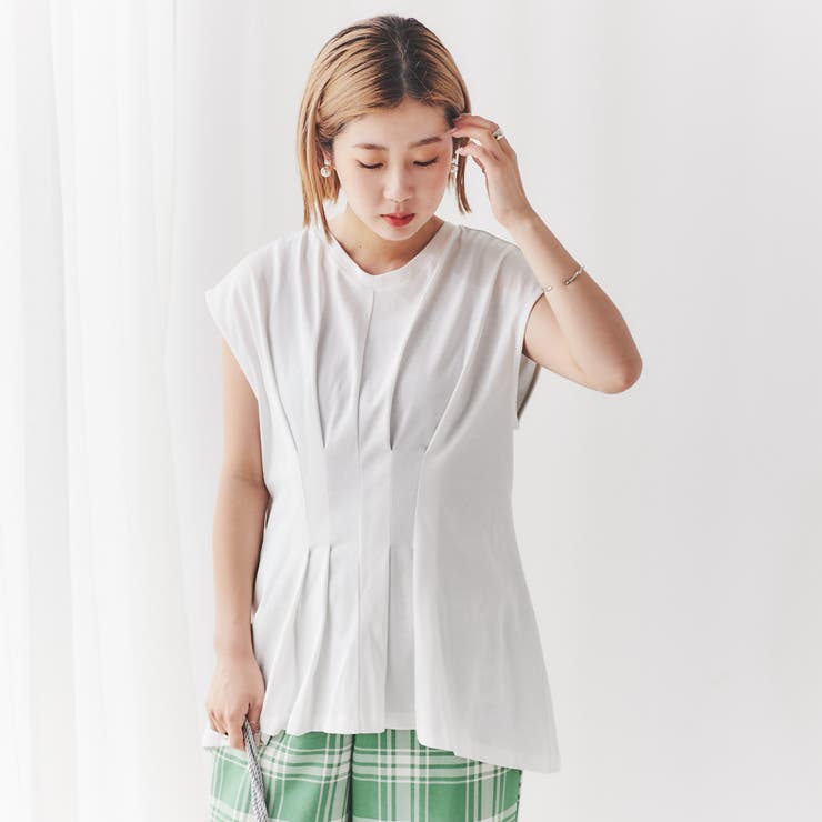 WHITE】タックフレアフレンチスリーブTシャツ[品番：COEW0003325