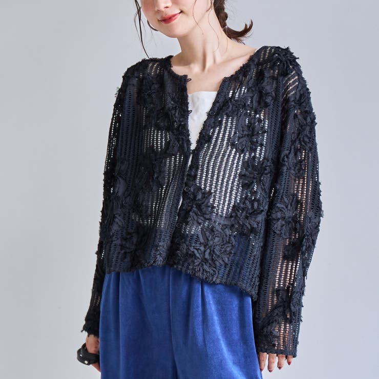 BLACK | 3Dフラワーメッシュカーディガン | coen【women】