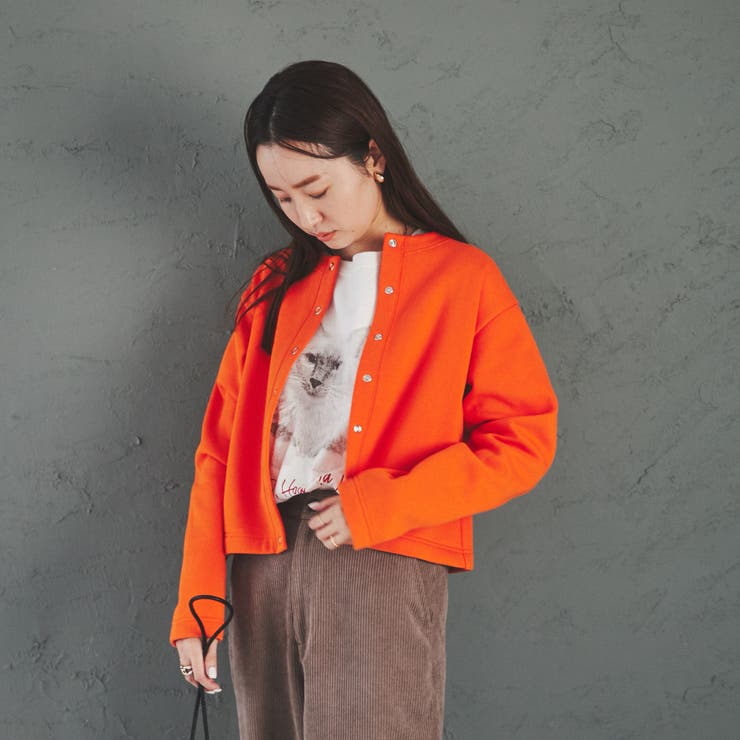 【新品】コットンテリー ドット ボタン クルーネック カーディガン 赤オレンジ DANTON｜コットンテリー ドット ボタン クルーネック カーディガン dt