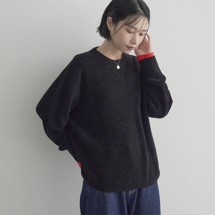 BLACK | カラーメランジワッフルクルーネックニット | coen【women】